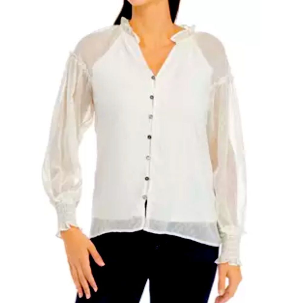 Cupio NWT Women’s Ruffle Trim Button Front Blouse Whisper White Size XL